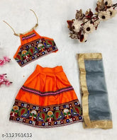Embroidered Rajshthani Orenge lehenga & dupatta set, cotton top & acrylic dupatta for toddlers (12-6 years), Indian traditional wear