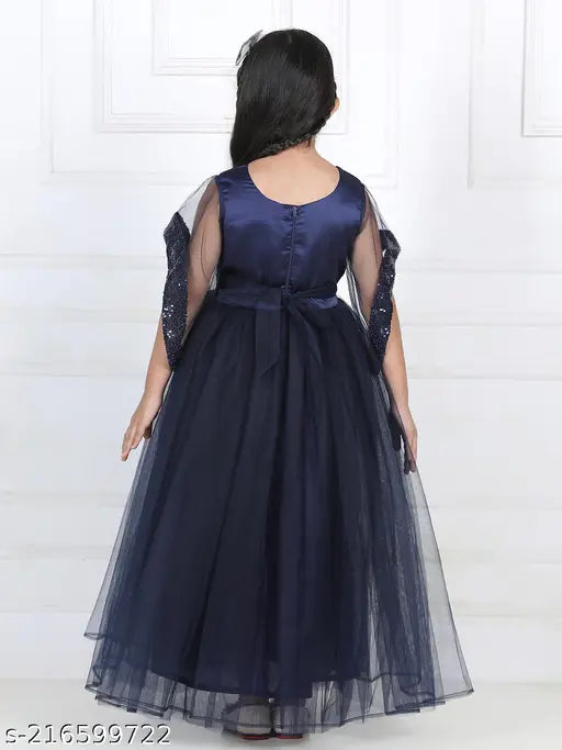 Navy blue net hi-low party dress for girls, embellished sleeveless design, ages 1-2 or 2-3 years, India origin