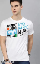 White polyester half sleeve round neck t-shirt with Bharat Jodo Nyay Yatra trending design, suitable for kids, men, women, and girls. Unisex, shrinkage & color fastness guaranteed