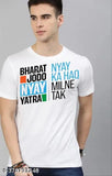 Chic white polyester half-sleeve round neck tee with Bharat Jodo Nyay Yatra trending design, suitable for kids, men, women, and girls, India T-shirt