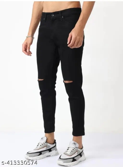 Trendy denim mid-rise black jeans, machine washable with five pockets, Made in India