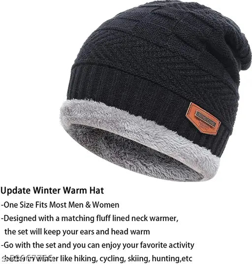 Woolen winter cap & neck warmer scarf set (2-piece, beanie style). Soft fleece lining, acrylic knit construction. Great for men, women, kids. India origin