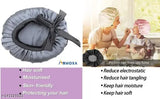 Grey synthetic satin shower cap with adjustable head size, double-layered design and 3 free soft scrunches for hair protection and style
