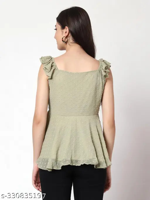 Georgette V-Neck top & tunic for women, sleeveless self-design net, XS-XL sizes, made in India