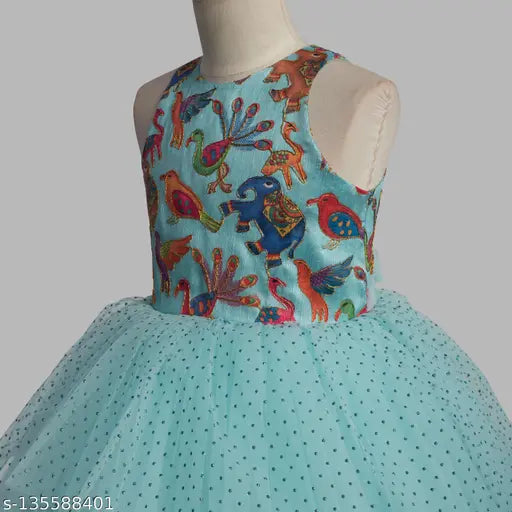 Sky blue animal print net dress with gold work, hi-low skirt for girls party wear (size 1-2 years)
