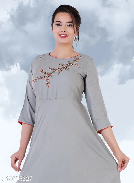 Embroidered grey rayon handwork kurti with three-quarter sleeves, popular Indian fashion for women
