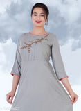 Embroidered grey rayon handwork kurti with three-quarter sleeves, popular Indian fashion for women
