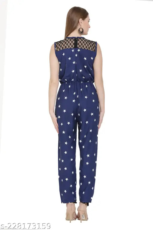Sleeveless poly crepe printed net jumpsuit, new style in size M, made in India