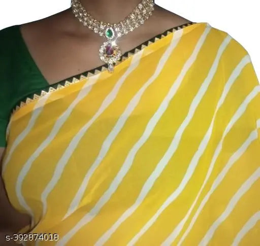 Yellow Leheriya Georgette Saree with Green Blouse, free size, bohemian fashion trend, partywear saree