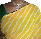 Yellow Leheriya Georgette Saree with Green Blouse, free size, bohemian fashion trend, partywear saree