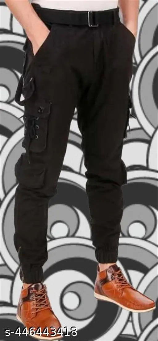 RusticBloms Mens Black Cotton-blend cargo pants, solid pattern, size 28, 30, 32, or larger, Indian-made