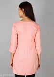 Peach rayon slub straight tunic kurti with beaded neckline and sleeves, women's fashion, Indian-made