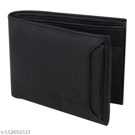 Black PU leather men's wallet. Solid design with 2 compartments, durable cloth lining, and hidden compartments. Handcrafted in India