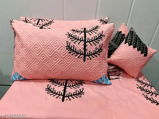 Voguish classic printed 5pc cotton bedsheet set, king size with botanical embroidered pillow covers and cushions, ideal for summer use