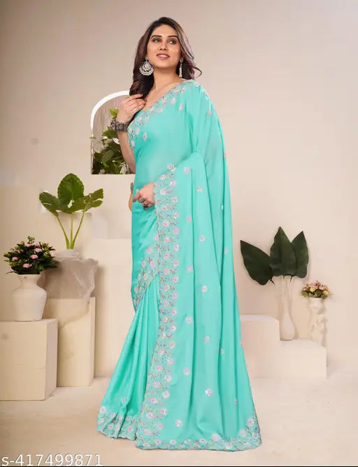 Timeless Glamour Sequined Chiffon Sari & Satin Silk Blouse for All Occasions - Intricate embroidery, free size, Indian origin