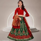 Green-Red Kids Nafiza jute cotton lehenga set with floral stitch, three-quarter sleeves. Indian ethnic wear self design for 7-8 years old girls