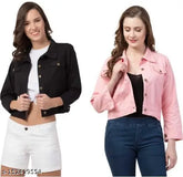 Cotton blend solid color jacket combo for women, long sleeves, India-made casual denim jacket