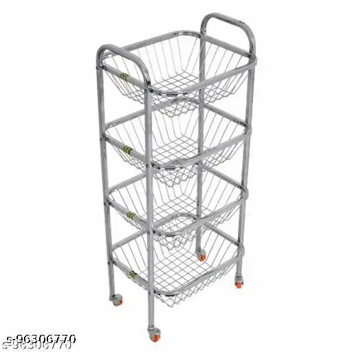 Stainless steel square fruit & veg trolley with 360 rotational wheels, 3 shelves, move in multiple directions, kitchen storage solution