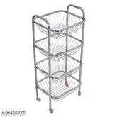 Stainless steel square fruit & vegetable trolley with spoon stand, 4-shelf rack, move in multiple directions, 360 rotational wheels, corrosion and rust-free, for kitchen storage