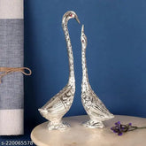Metal swan love birds couple statue, ornate showpiece 7" tall, intricately designed Indian artistry