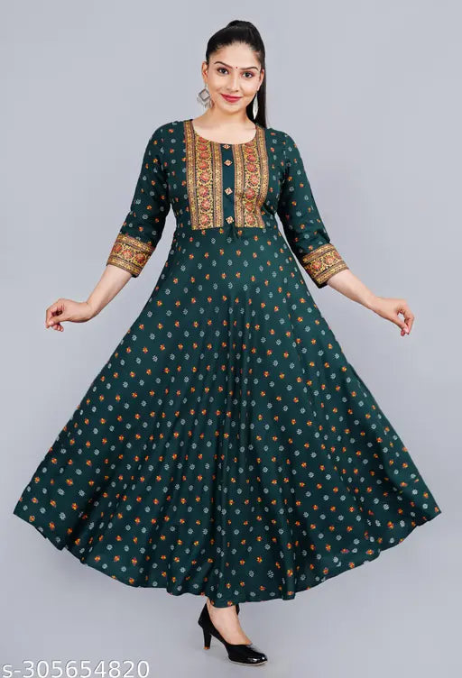 Printed rayon three-quarter sleeve women's casual wear, vibrant Indian anarkali kurti by Drashti Fashion