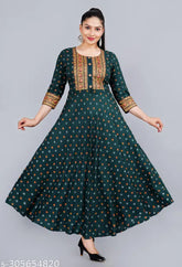 Printed rayon three-quarter sleeve women's casual wear, vibrant Indian anarkali kurti by Drashti Fashion