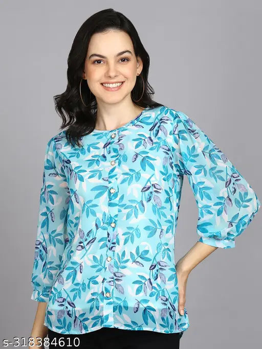 Skyblue Georgette floral print top, three-quarter sleeves, Indian women's fashion