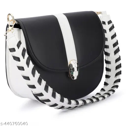 Black faux leather sling bag for women and girls, modern colorblock design, crossbody style with one compartment, free size (L7xW6xH3in), India origin