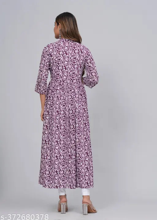 Rayon Anarkali Kurta with Chinkenkari embroidery, SANGANERI KURTI women's style, three-quarter sleeves, printed fabric, sizes S to 4XL