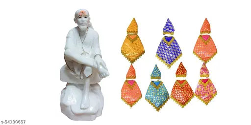 White marble dust Sai Baba Murti statue (6 inches), handcrafted multicolor Poshak pack of 7