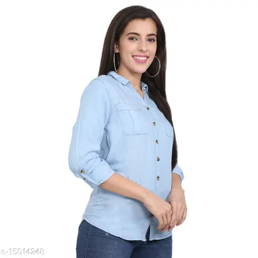 Lyocell denim shirt for girls/women in solid color, three-quarter sleeves. Made in India