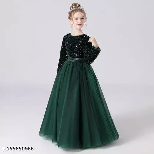 Green net fabric kids gown dress for girls with sequin work, embellished long sleeve partywear