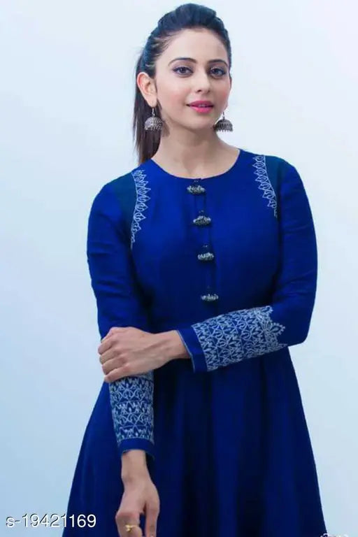 Rayon three-quarter sleeve JD printed Rakul kurtis with vibrant combo pattern for women, showcased on model