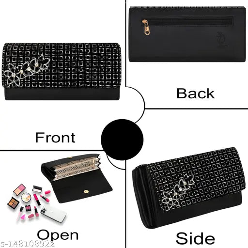 Faux leather/leatherette embellished hand clutch, features 3 zipper pockets & 4 card slots. Free size (8 in x 4 in), made in India