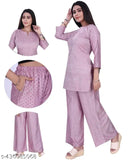 Cotton short kurti set with high-waisted palazzos, print design, free size
