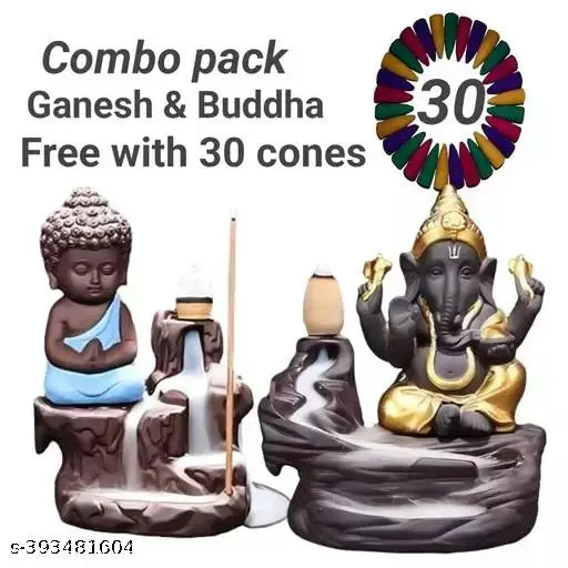 Resin Buddha and Ganesha backflow incense burner, handcrafted in India with 30 cones included