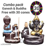 Resin Buddha and Ganesha backflow incense burner, handcrafted in India with 30 cones included