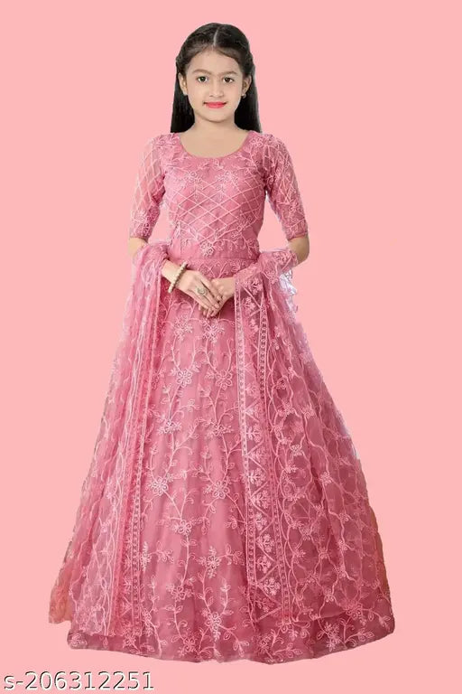 Embroidered net kids gown (10-13 years), Indian fancy net dress with short sleeves