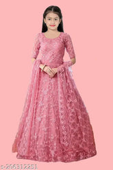 Embroidered net kids gown (10-13 years), Indian fancy net dress with short sleeves