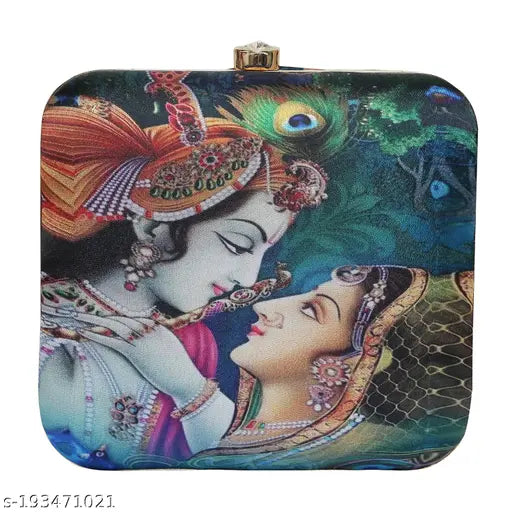 Indian-made Radha Krishna printed satin clutch bag with detachable sling chain, ideal for work, meetings, travel - perfect gift