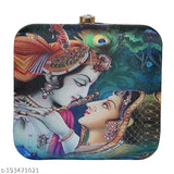 Indian-made Radha Krishna printed satin clutch bag with detachable sling chain, ideal for work, meetings, travel - perfect gift