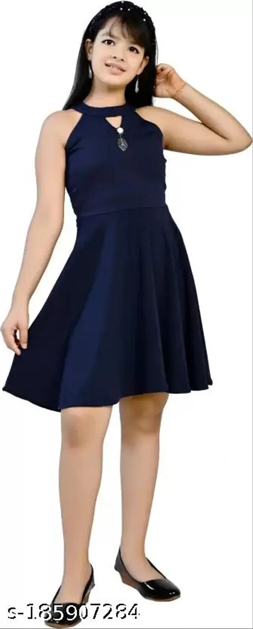 Navy blue cotton blend knee-length dress for girls aged 5-13 years, trendy and fashionable fit & flare design