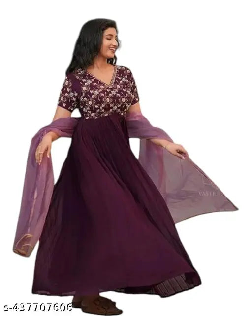 Georgette wine embroidered Anarkali gown, featuring sequence work and full lining with net duppata. Ideal for small gatherings or functions