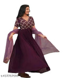 Georgette wine embroidered Anarkali gown, featuring sequence work and full lining with net duppata. Ideal for small gatherings or functions