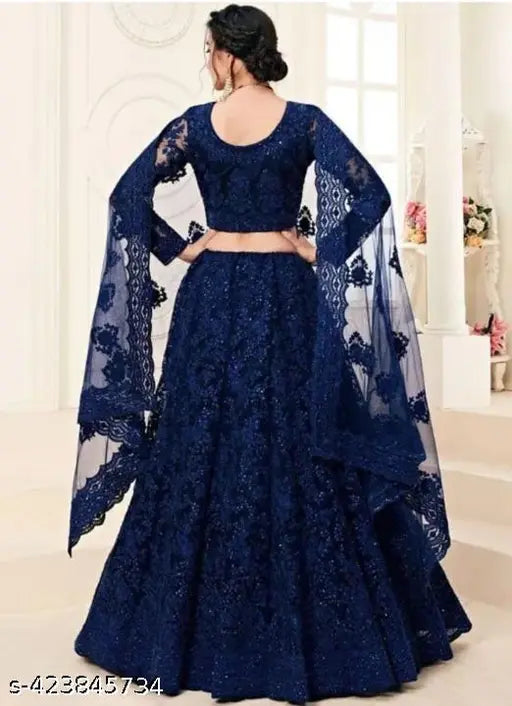 Embroidered net lehenga choli & dupatta set, free size, Indian traditional women's fashion with 42 inch waist, embroidered design