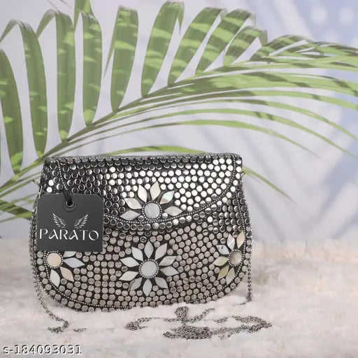 Handmade stylish silver bag with sheep teeth design, suede material, party wear accessory