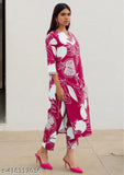 Womens Pink Printed Cotton Blend Kurta with Palazzos - Indian-made cotton blend outfit for women with three-quarter sleeves