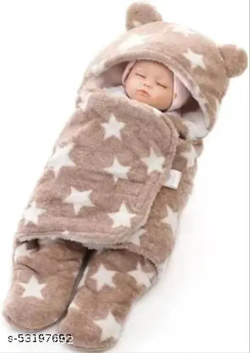 Soft fleece, printed crib hooded baby blanket (fur brown), keeps newborn safe and warm with hood and welcro conversion to bag. Indian-made, unisex design for babies 0-6 months