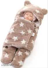 Soft fleece, printed crib hooded baby blanket (fur brown), keeps newborn safe and warm with hood and welcro conversion to bag. Indian-made, unisex design for babies 0-6 months