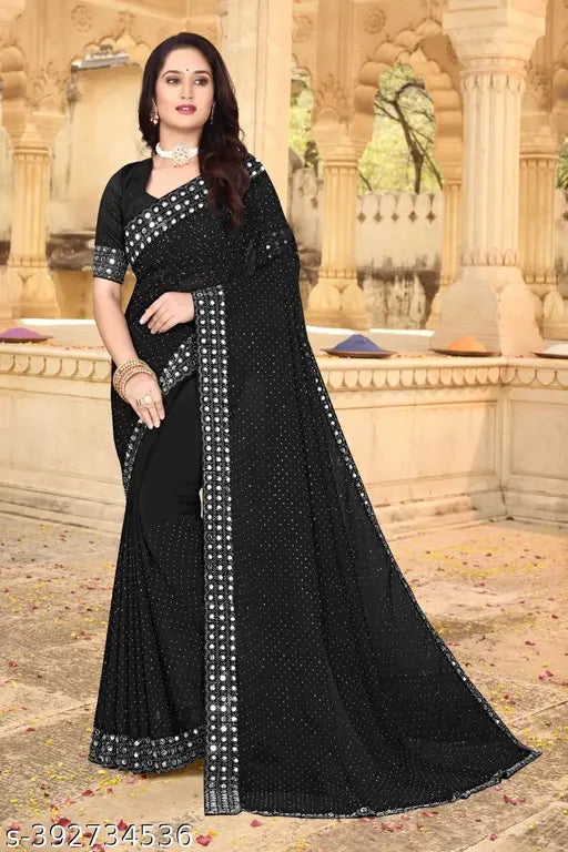 Black Georgette saree with embellished separate Bangalori silk blouse for wedding and party wear, intricate silver-gold Serovsaki mirror work border